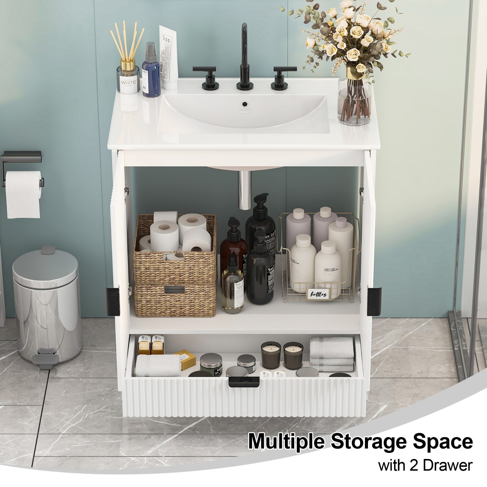 30″ Bathroom Vanity with Sink, Freestanding Vanity Storage Cabinet, 2 Doors