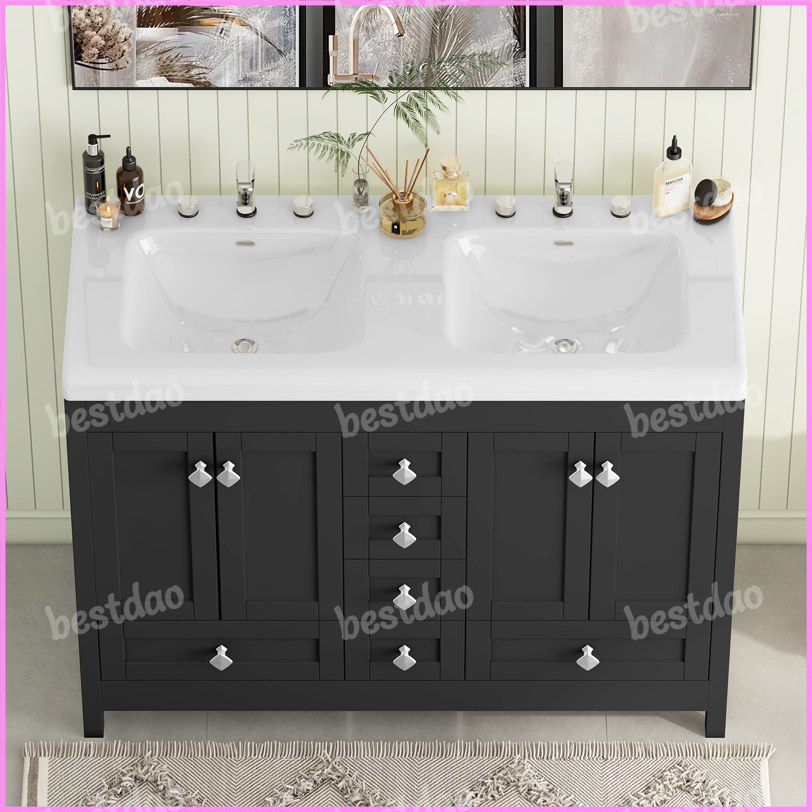47″ Bathroom Vanity Cabinet with Double Sink Ceramic and 5 Drawers Freestanding
