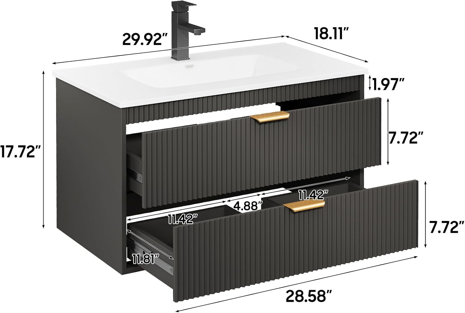 30 Inch Bathroom Vanity with Sink, Wood Grain Wall Mounted Vanity with 2 Storage