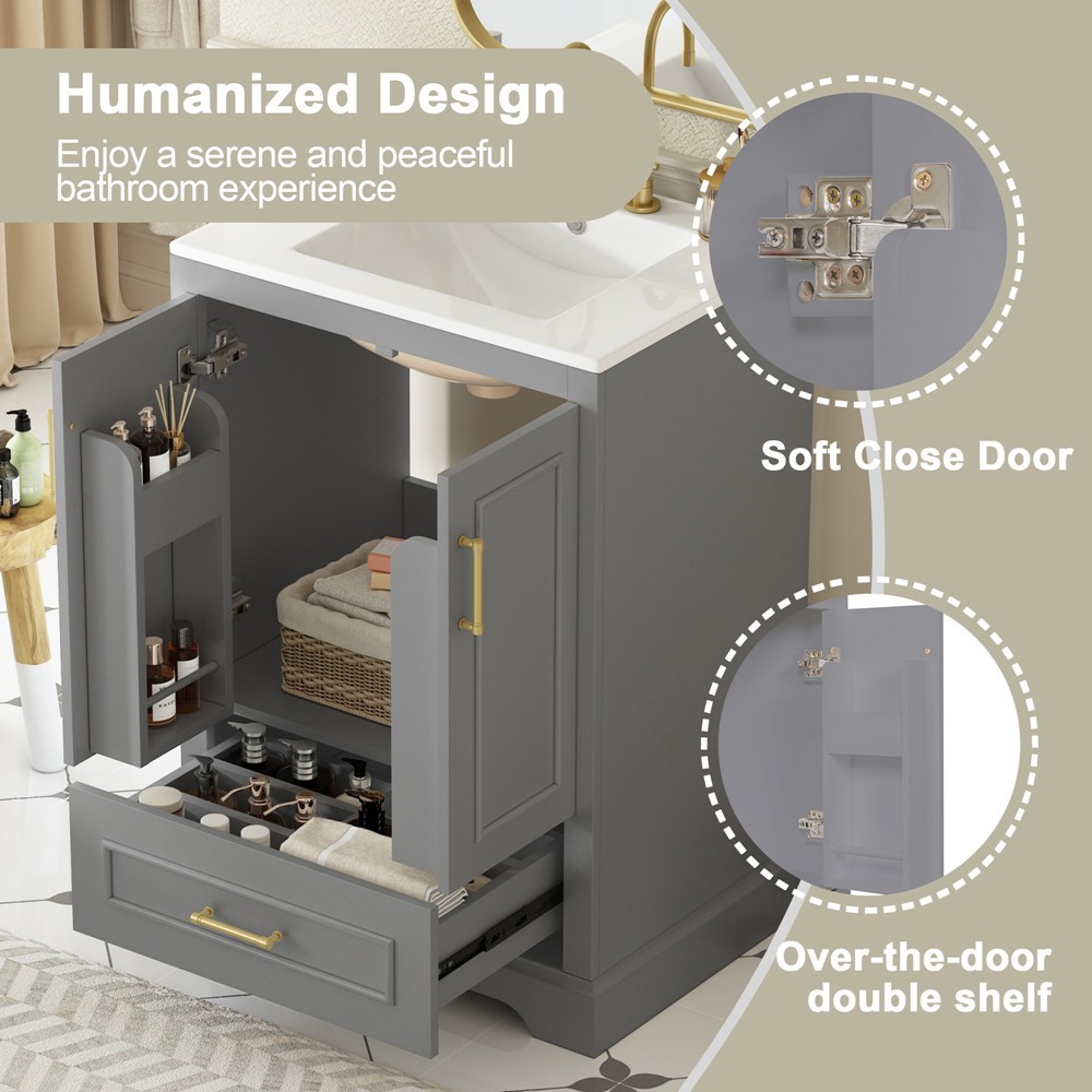 24″ Bathroom Vanity w/Ceramic Sink, Freestanding Bath Vanity Door Cabinet,Drawer