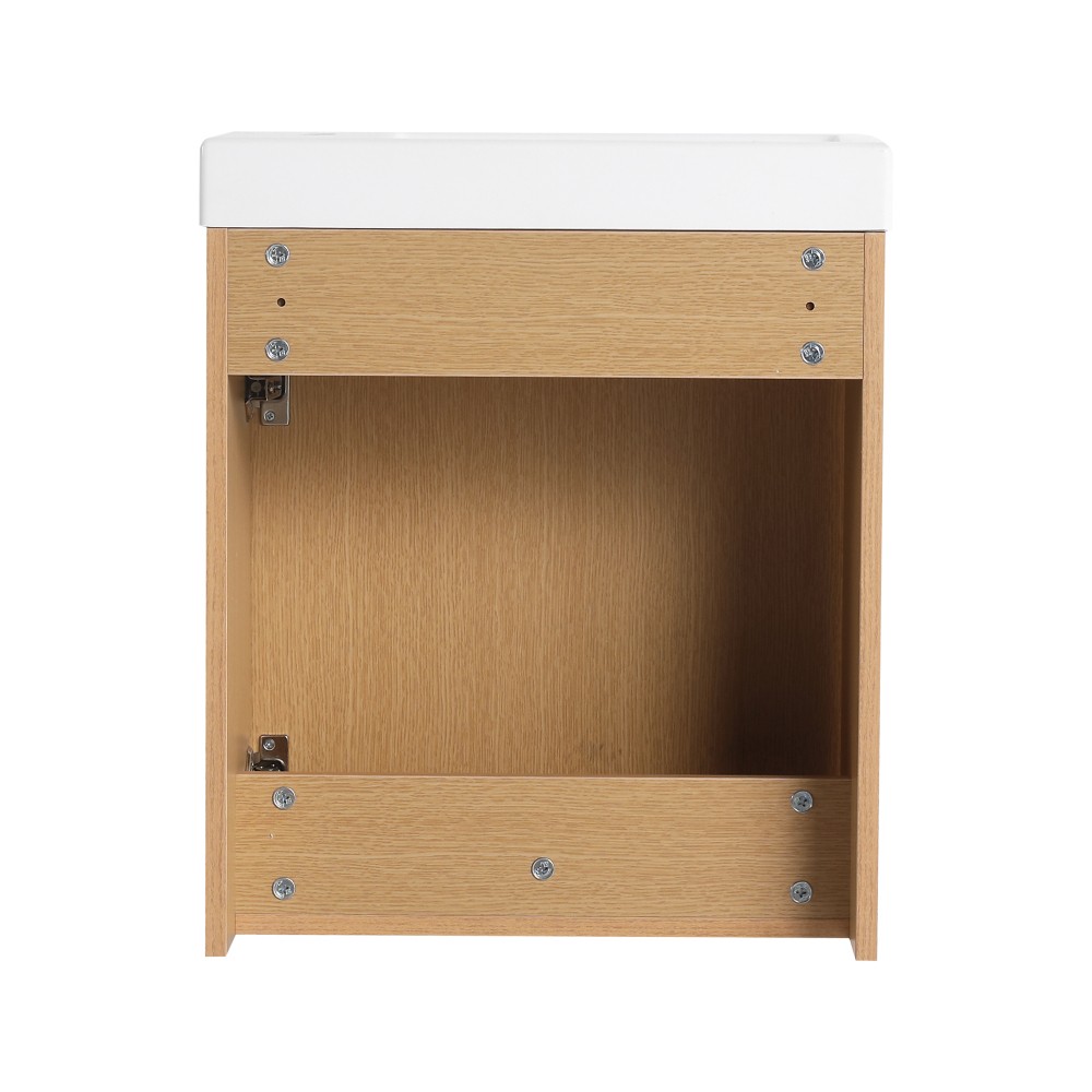 18.5-inch wall-mounted bathroom vanity overhangs to save space