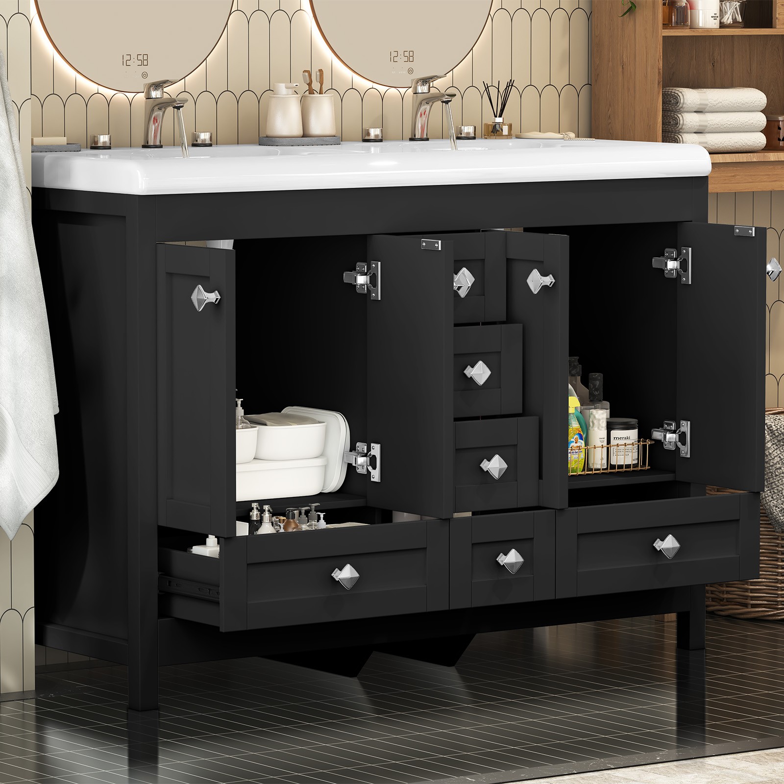 47” Double Bathroom Vanity Cabinet Ceramic Sink + Cabinet + 5 Drawers Black