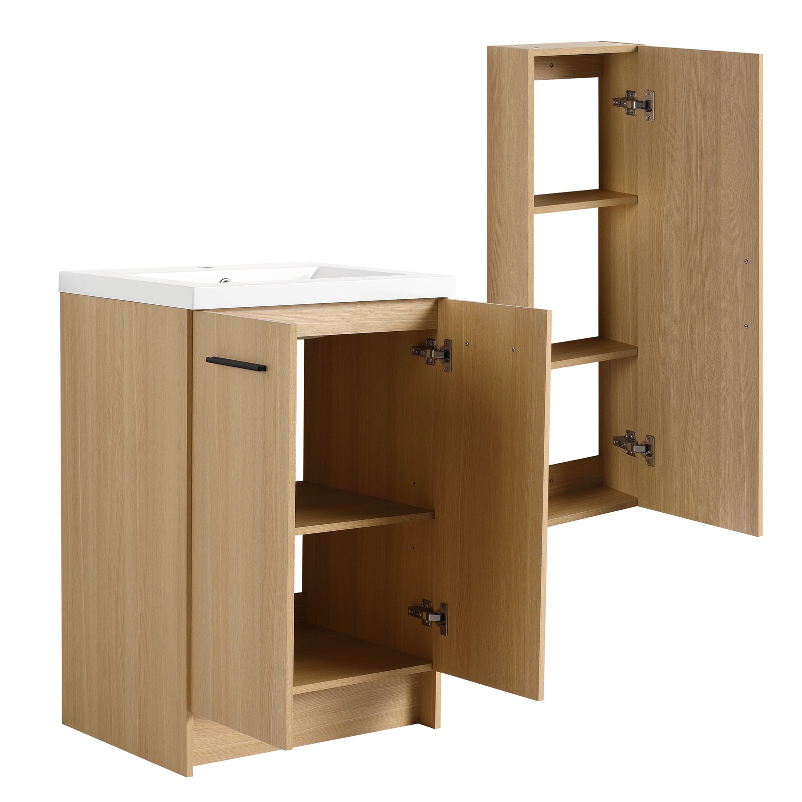 24″ Freestanding Bathroom Vanity Set with Tall Linen Cabinet, Light Oak