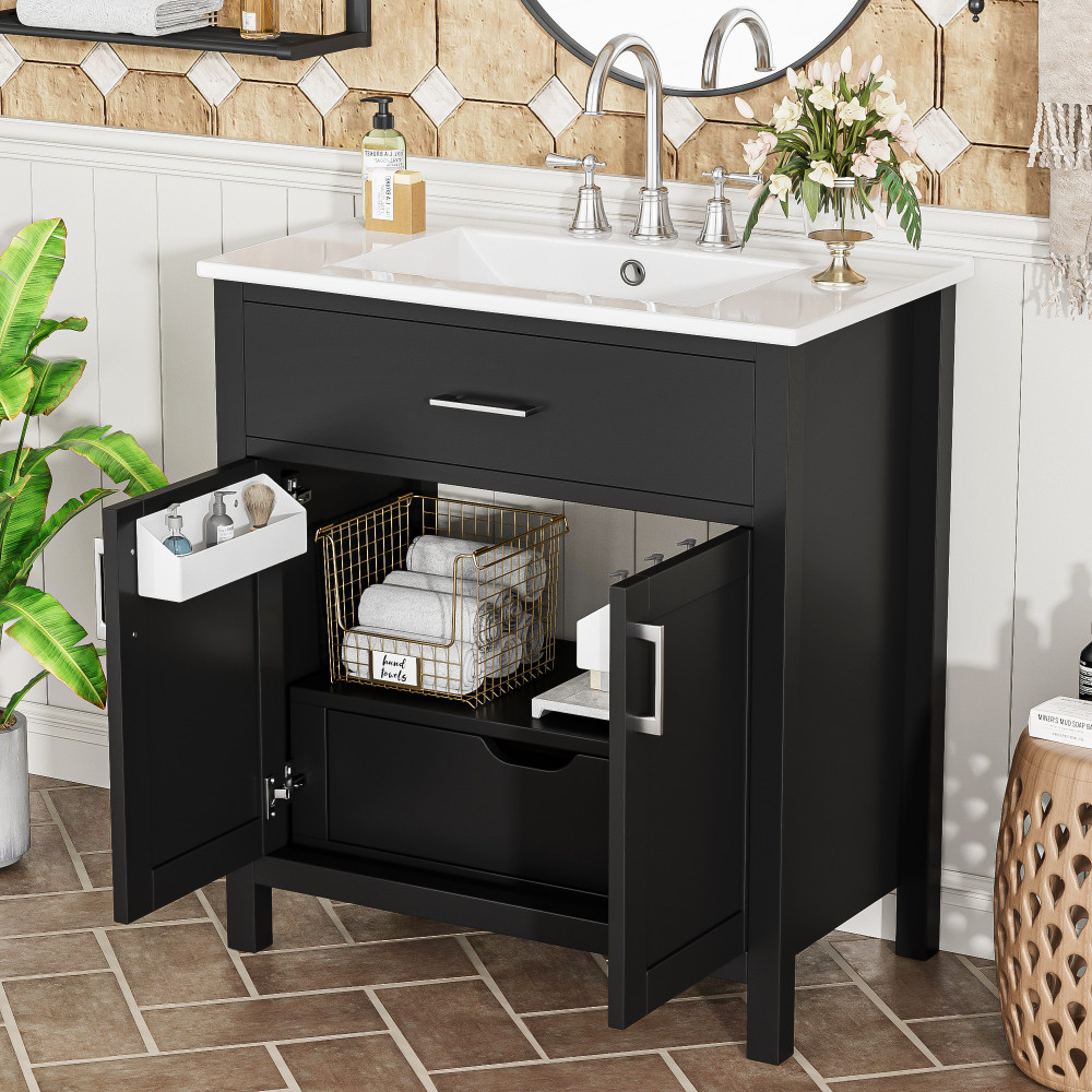 NEW 30″ Bathroom Vanity Ceramic Sink Soft Close 2 Doors 1 Drawer Storage Cabinet