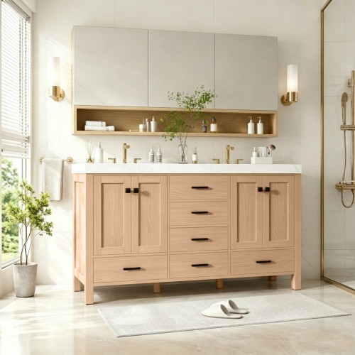 59.3″ Bathroom Vanity with Solid Wood Frame & MDF Cabinet,Double SMC Resin Sink