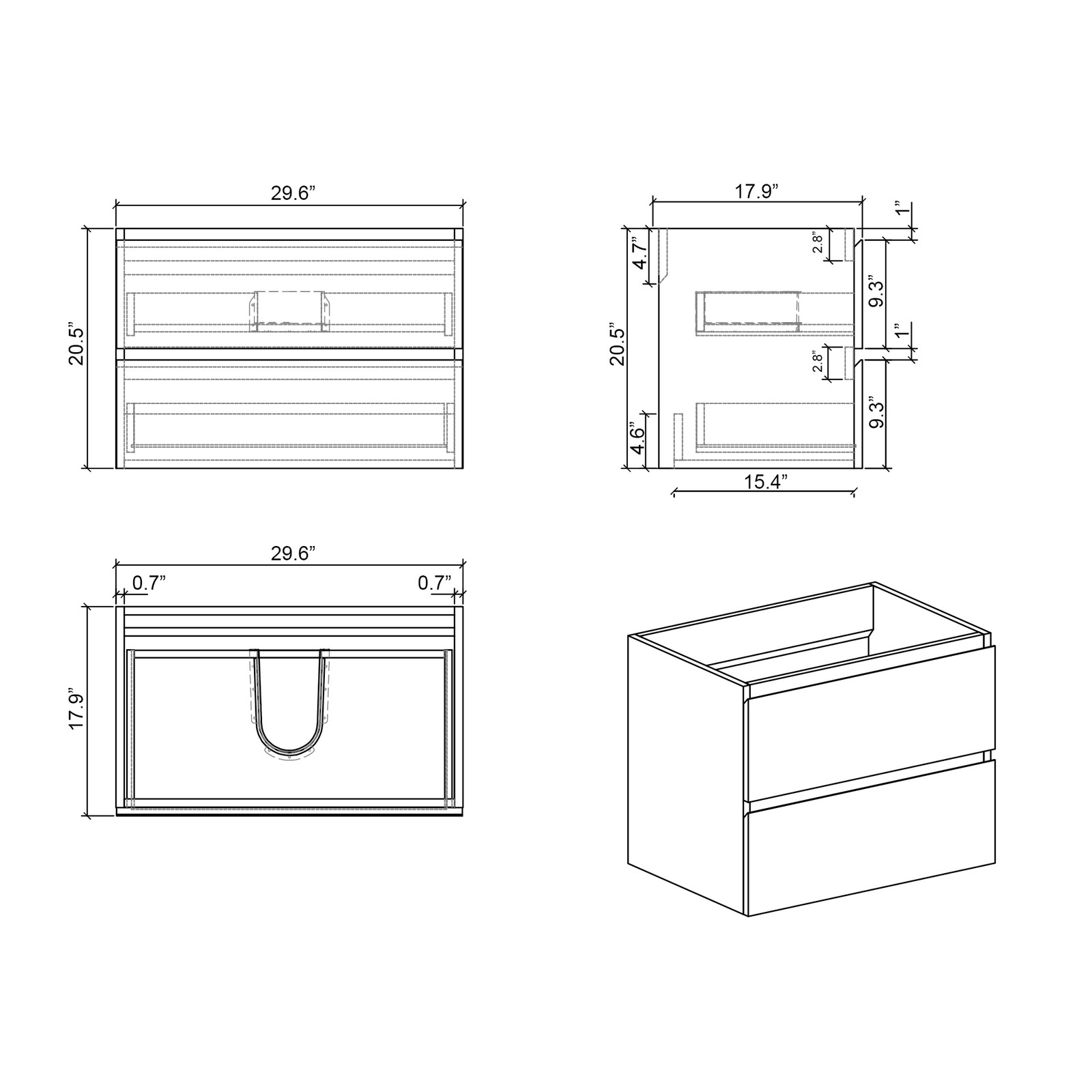 30″ Walnut Floating Bathroom Vanity with Black Sink, Triple Drawers