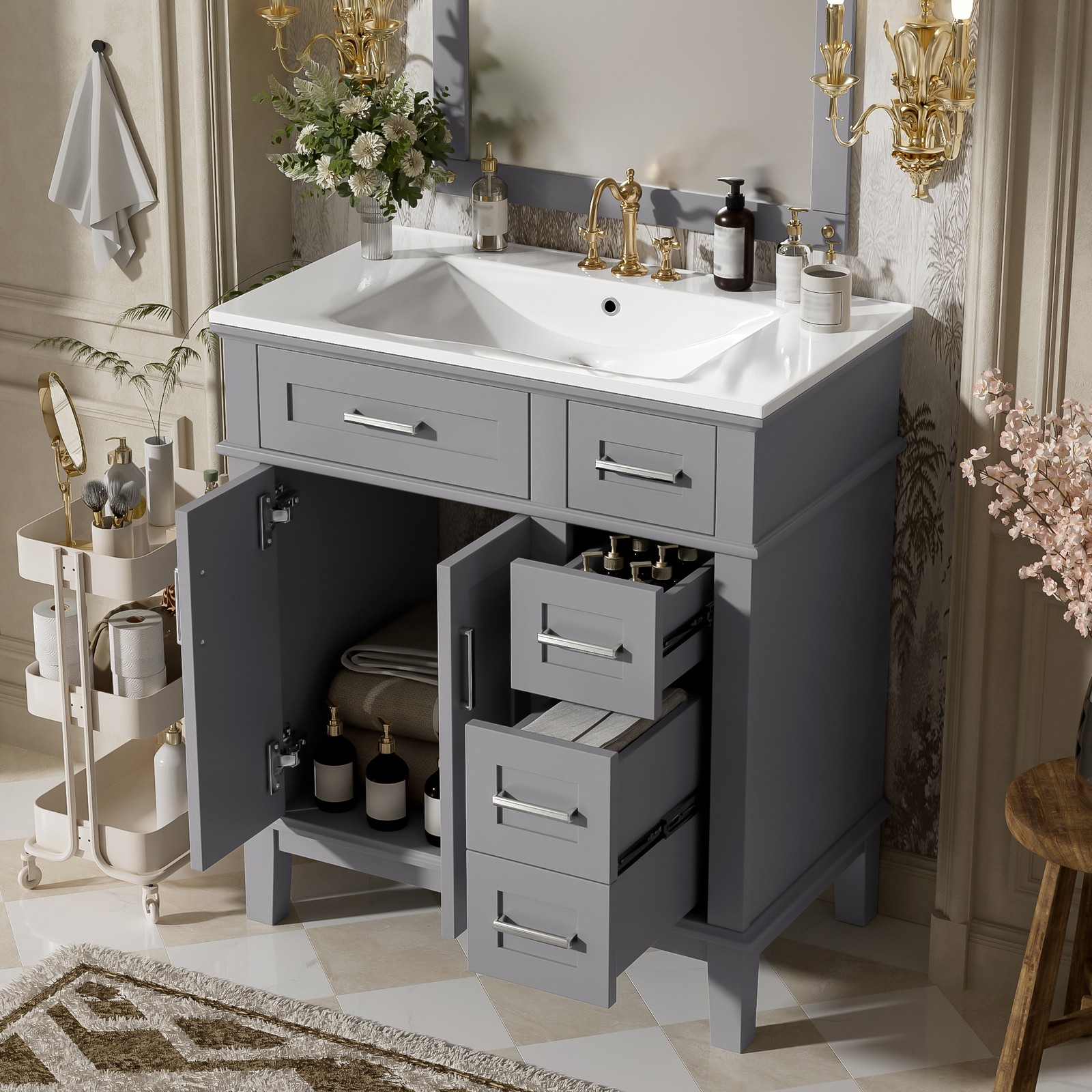 30″ Bathroom Vanity w/Ceramic Sink, Modern Storage Cabinet w/Soft-Close Doors