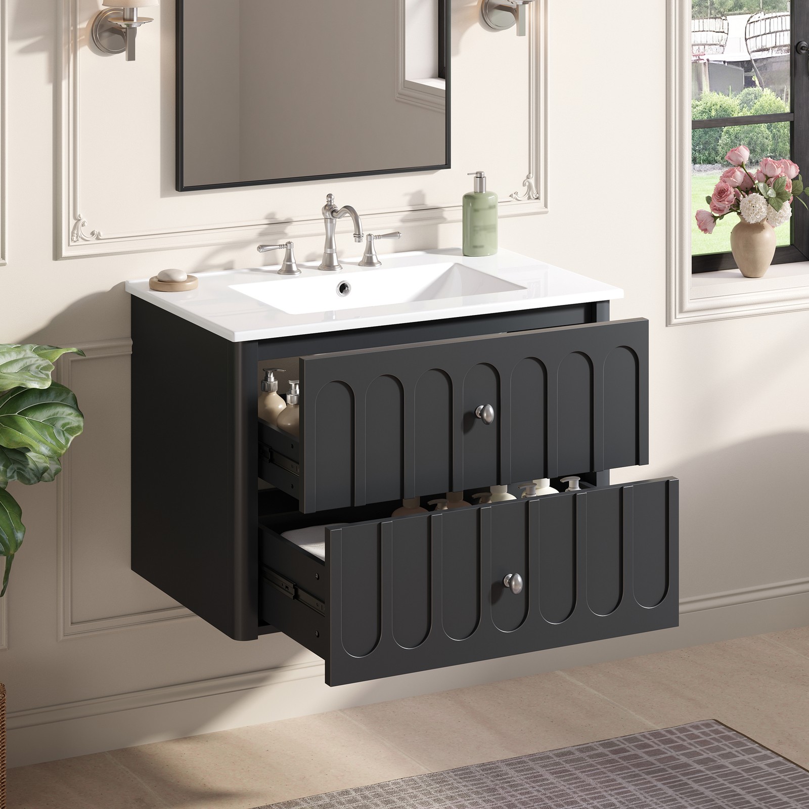 30″ Modern Bathroom Cabinet Floating Bathroom Vanity w/Oval Knobs & Round Edge