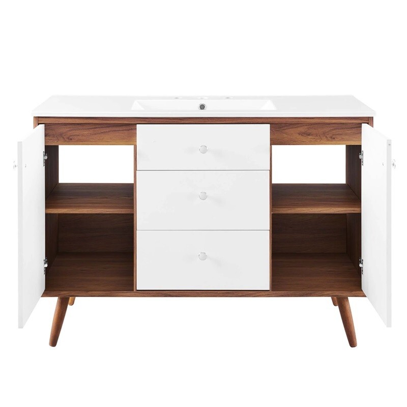 White Mid Century Modern Walnut Bathroom Vanity Ceramic Sink Single Double
