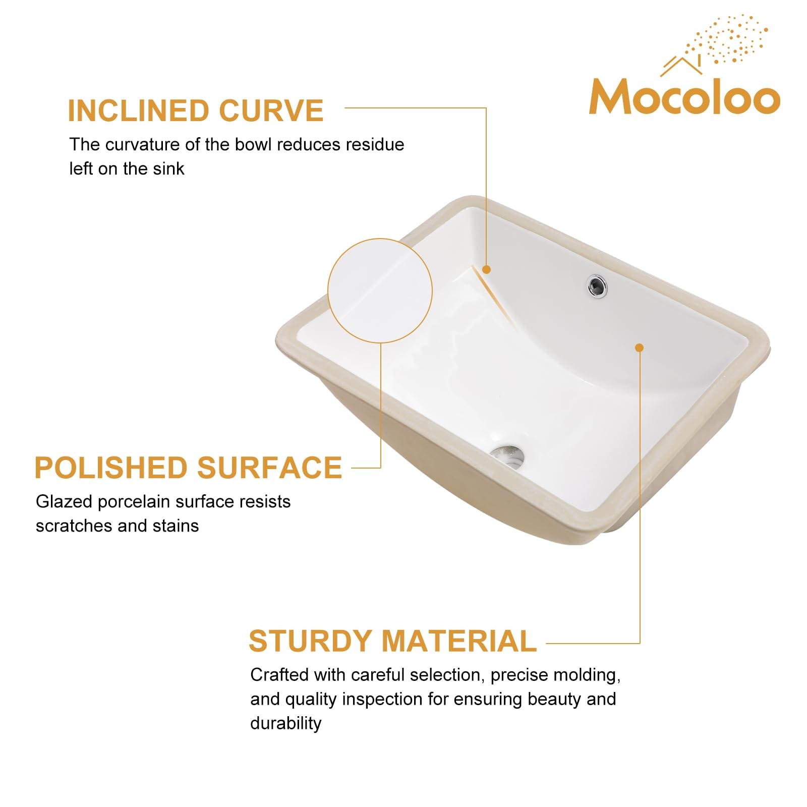 Mocoloo Undermount Bathroom Sink 18 x 14 Inch Rectangle Porcelain White Ceram…