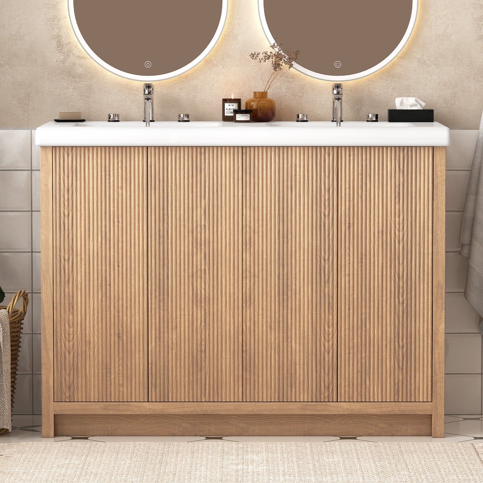 Large Bathroom Vanity Double Ceramic Sink Cabinet Storage Freestanding