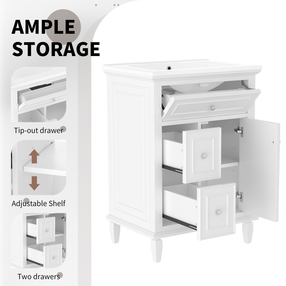 24 Inch White Bathroom Vanity with Ceramic Sink Solid Wood MDF Cabinet