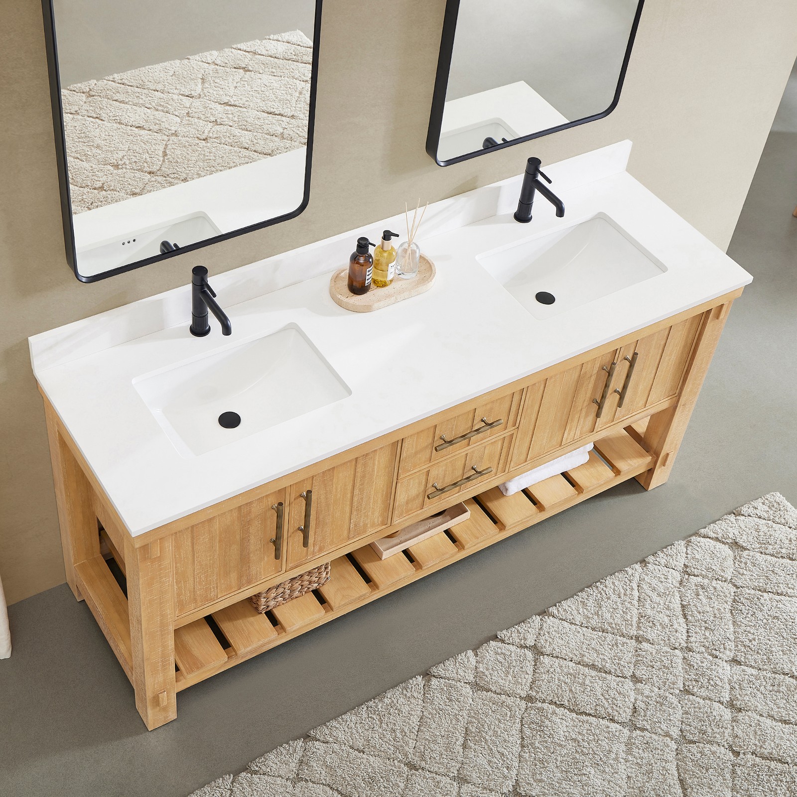 Paris 72″ Double Bath Vanity in Acacia Classic Grey with White Quartz Stone Top