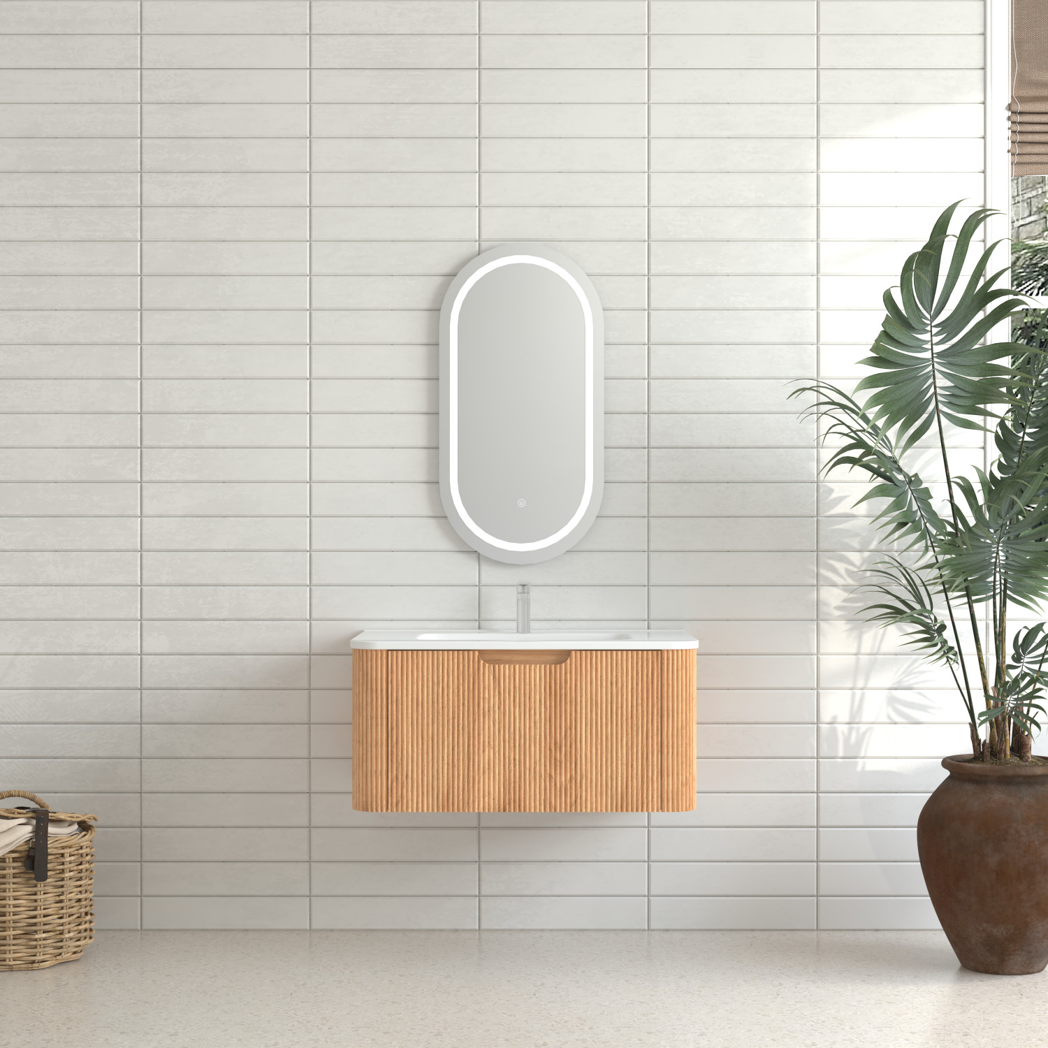 30″ Floating Bathroom Vanity in Walnut with White Ceramic Basin