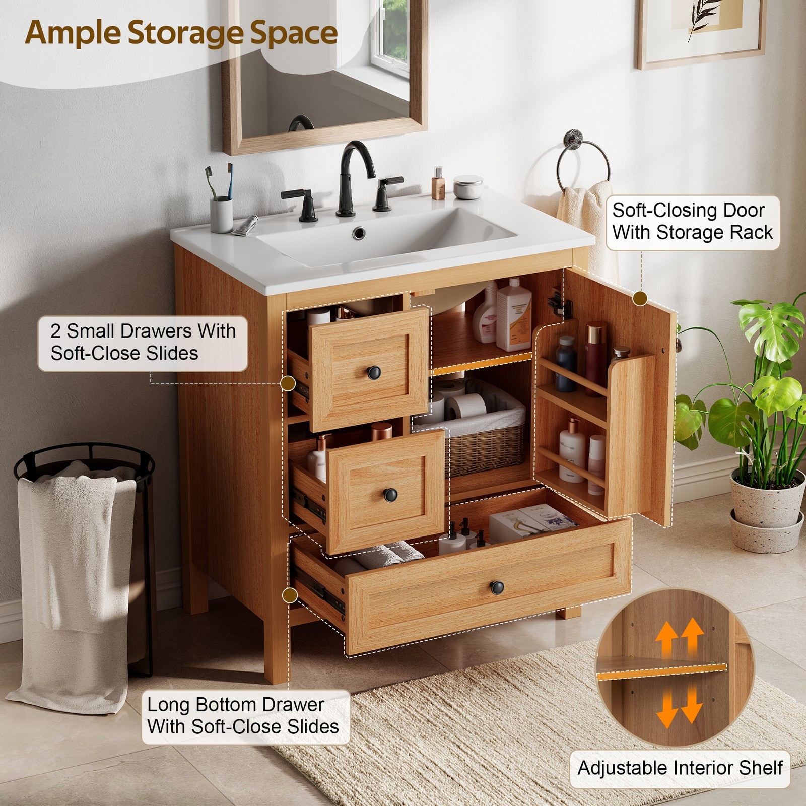 30″ Bathroom Vanity with Ceramic Sink Wood Grain Cabinet with Soft-Close Drawer