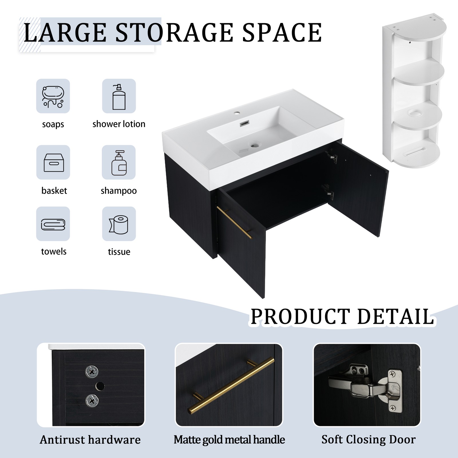 36 Inch Plywood Wall-Mounted Bathroom Vanity with Resin Sink + Side Storage Rack