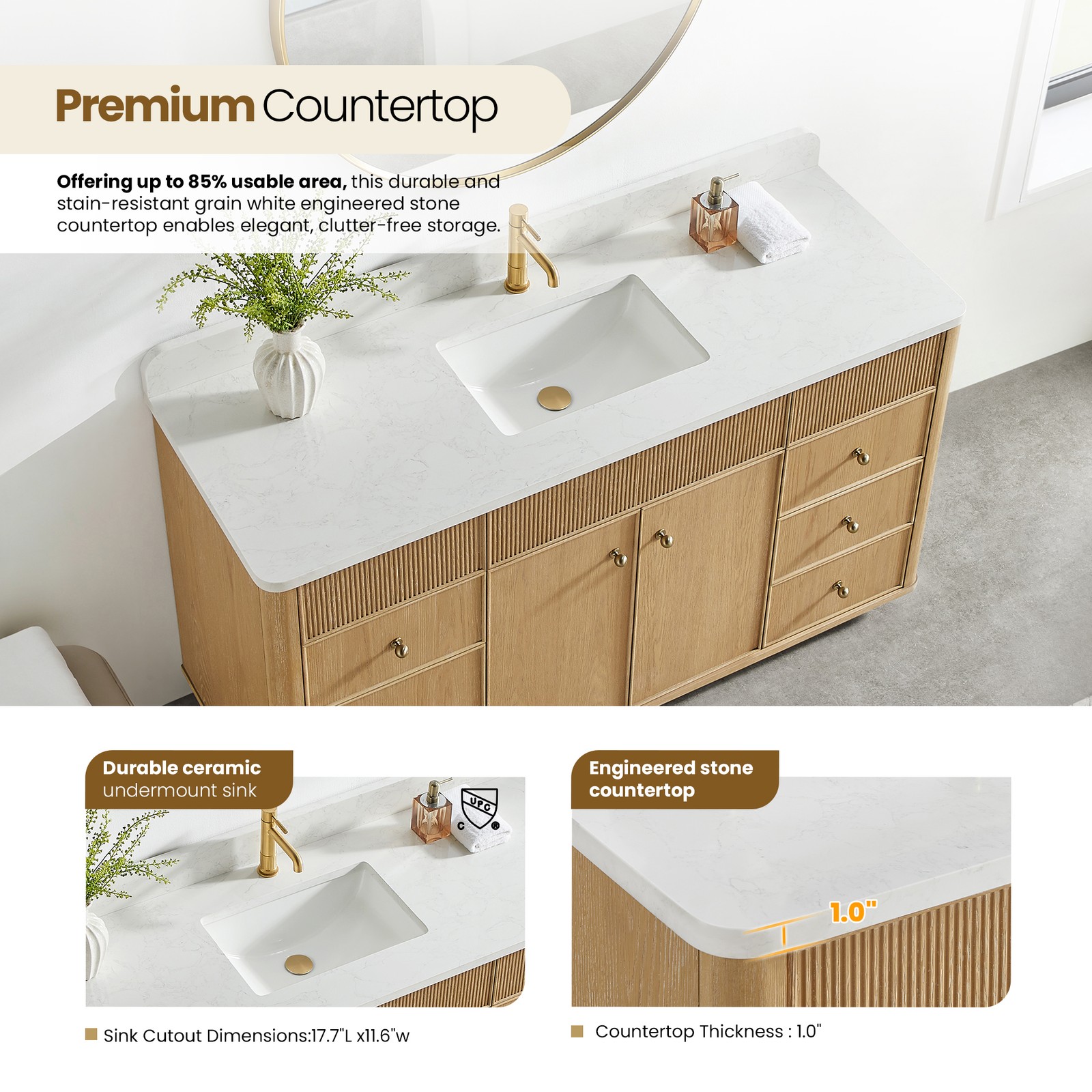 Zogno 60″ Solid Wood Single Bath Vanity in Washed Ash Gray with White Stone Top