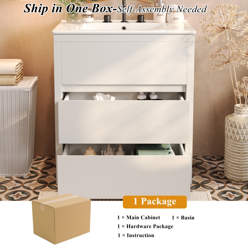 30″ Bathroom Vanity w/Ceramic Sink & 2 Drawers Freestanding Bathroom Vanity