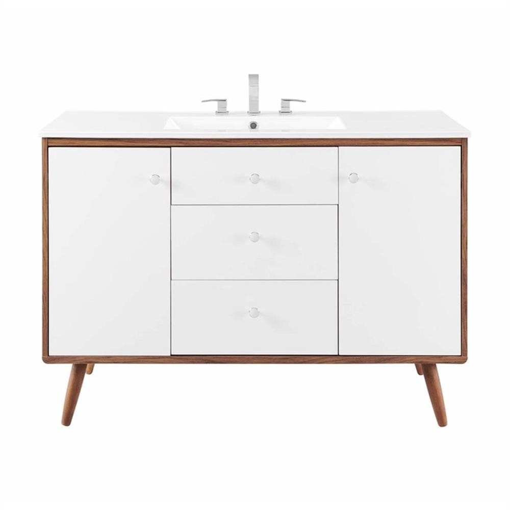 Pemberly Row 47″ Modern Wood Single Sink Bathroom Vanity in Walnut/White