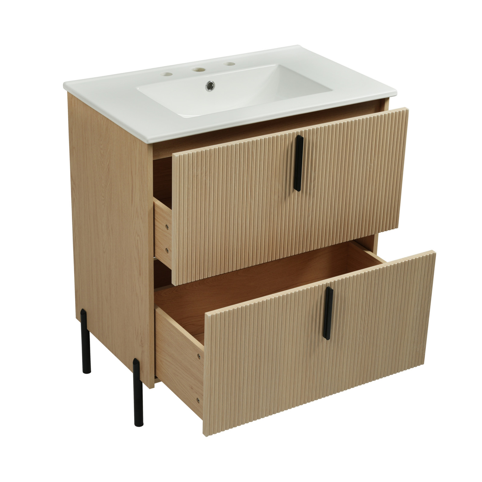 30″ Bathroom Vanity with Ceramic Sink, Soft Close Drawers, Fluted