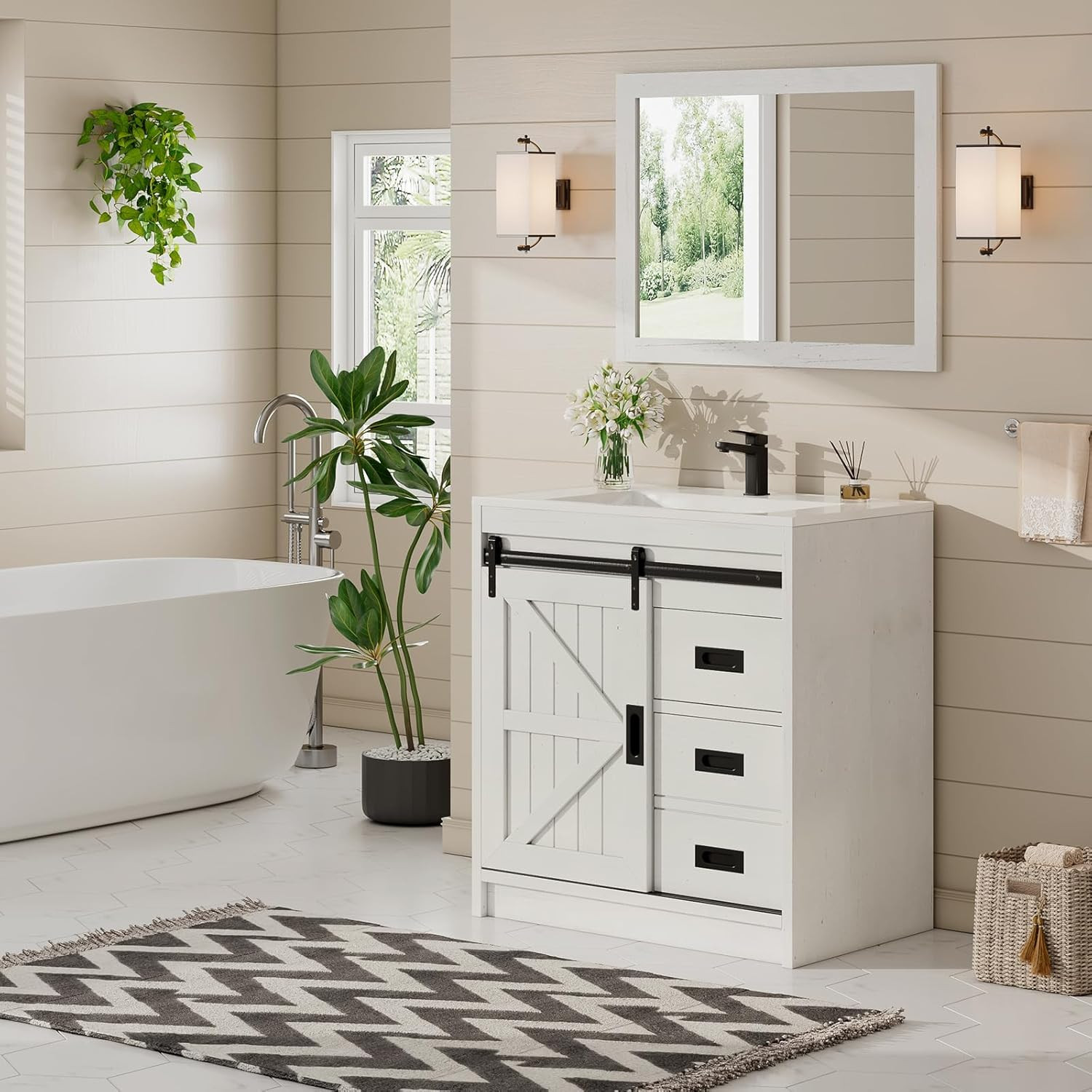 AMERLIFE Farmhouse Bathroom Vanity with Sink Combo, 30In Sliding Barn Door Bathr