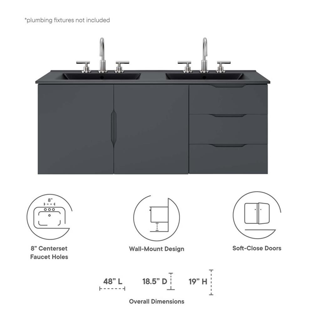Modway Vitality 48″ Double Sink Wood & Ceramic Bathroom Vanity in Gray/Black