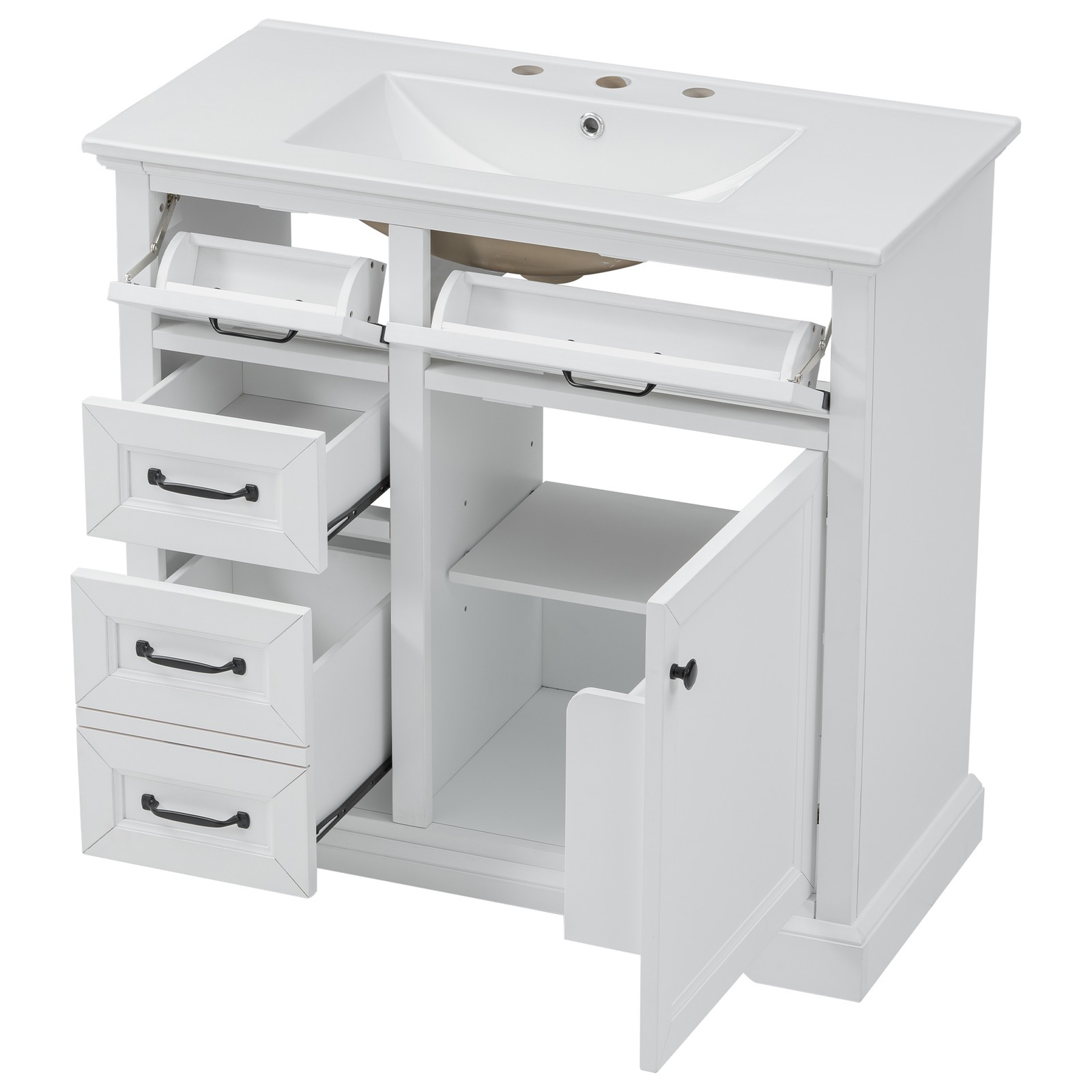 36″ Bathroom Vanity with Ceramic Sink Top, 4 Drawers & 1 Soft-Close Door