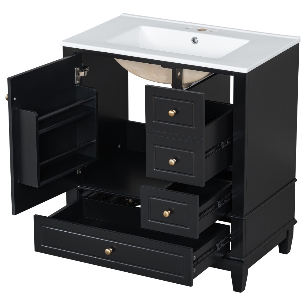 30″ Vanity w/Sink,Rubber Wood & MDF Cabinet,Soft Close Door,3 Drawers,Vietnam