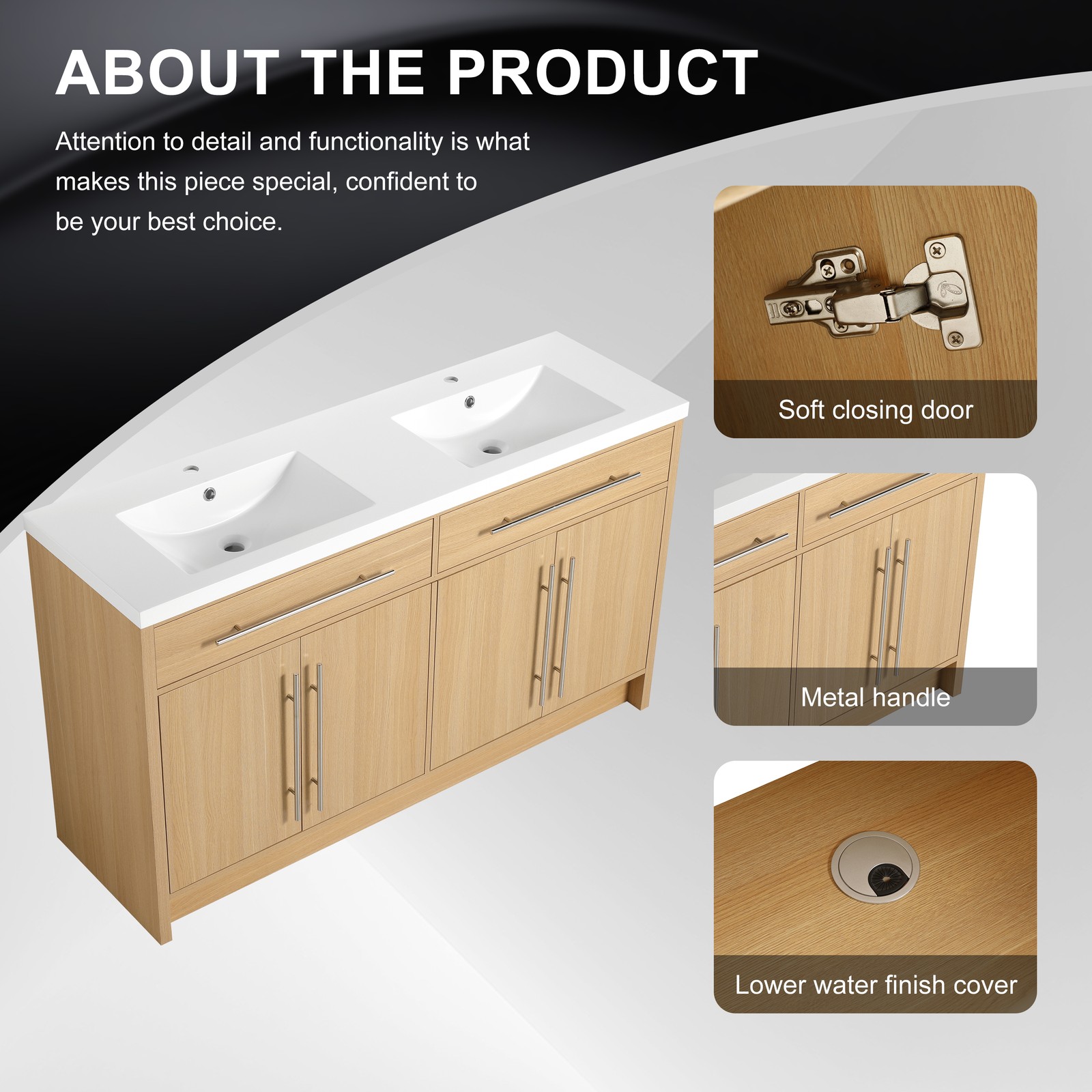 60 inch Plywood Bathroom Vanity Freestanding Double Resin Sink Storage W/2 Doors
