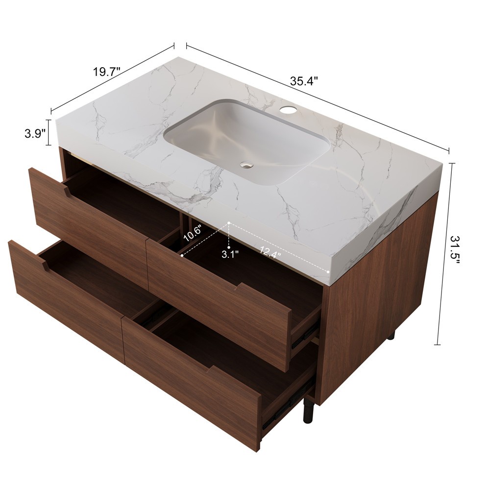 35.4″ Wall Mounted Bathroom Vanity w/Sink, 4 Drawers,Freestanding Vanity Cabinet