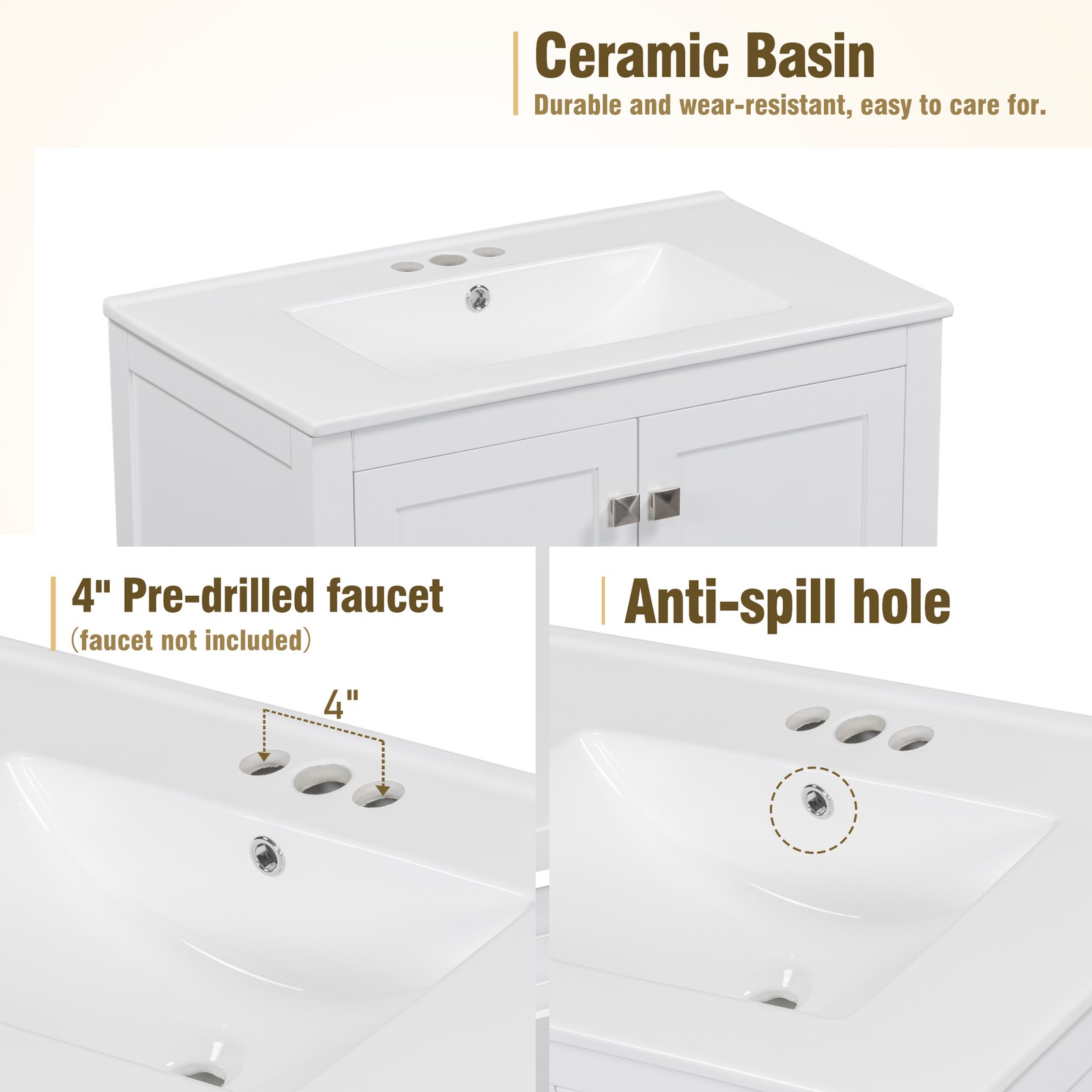 30″ White Bathroom Vanity with Single Sink & Soft Close Doors