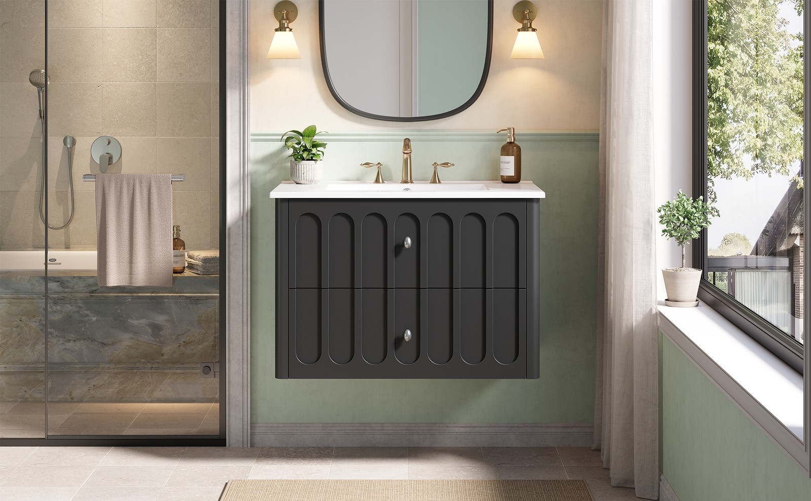 30″ Modern Bathroom Cabinet Floating Bathroom Vanity w/Oval Knobs & Round Edge