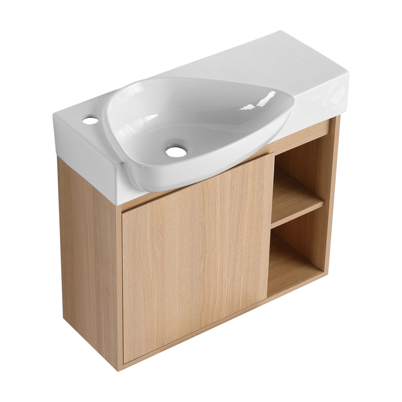 26″ Plywood Wall-Mounted Bathroom Vanity W/ White Ceramic Sink +Door +Shelf Oak