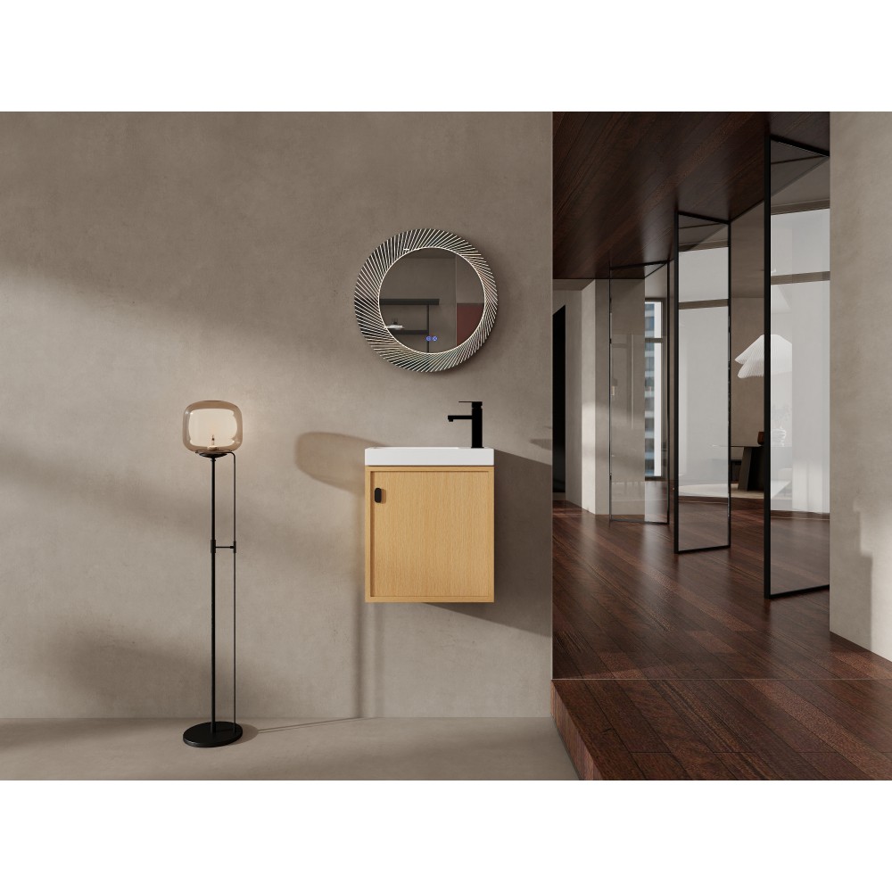 18.5-inch wall-mounted bathroom vanity overhangs to save space