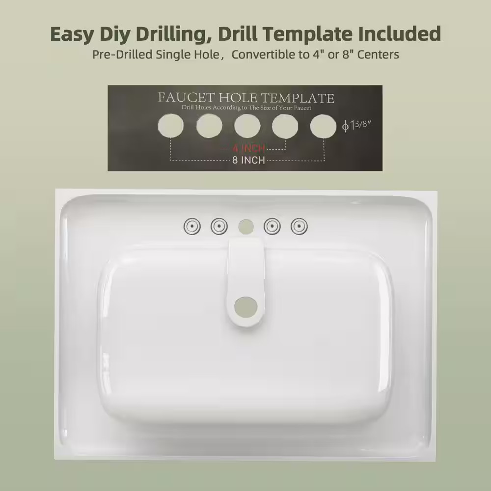 30 In. W X 22 In. D Solid Surface White Rectangular Bath Vanity Top with Single
