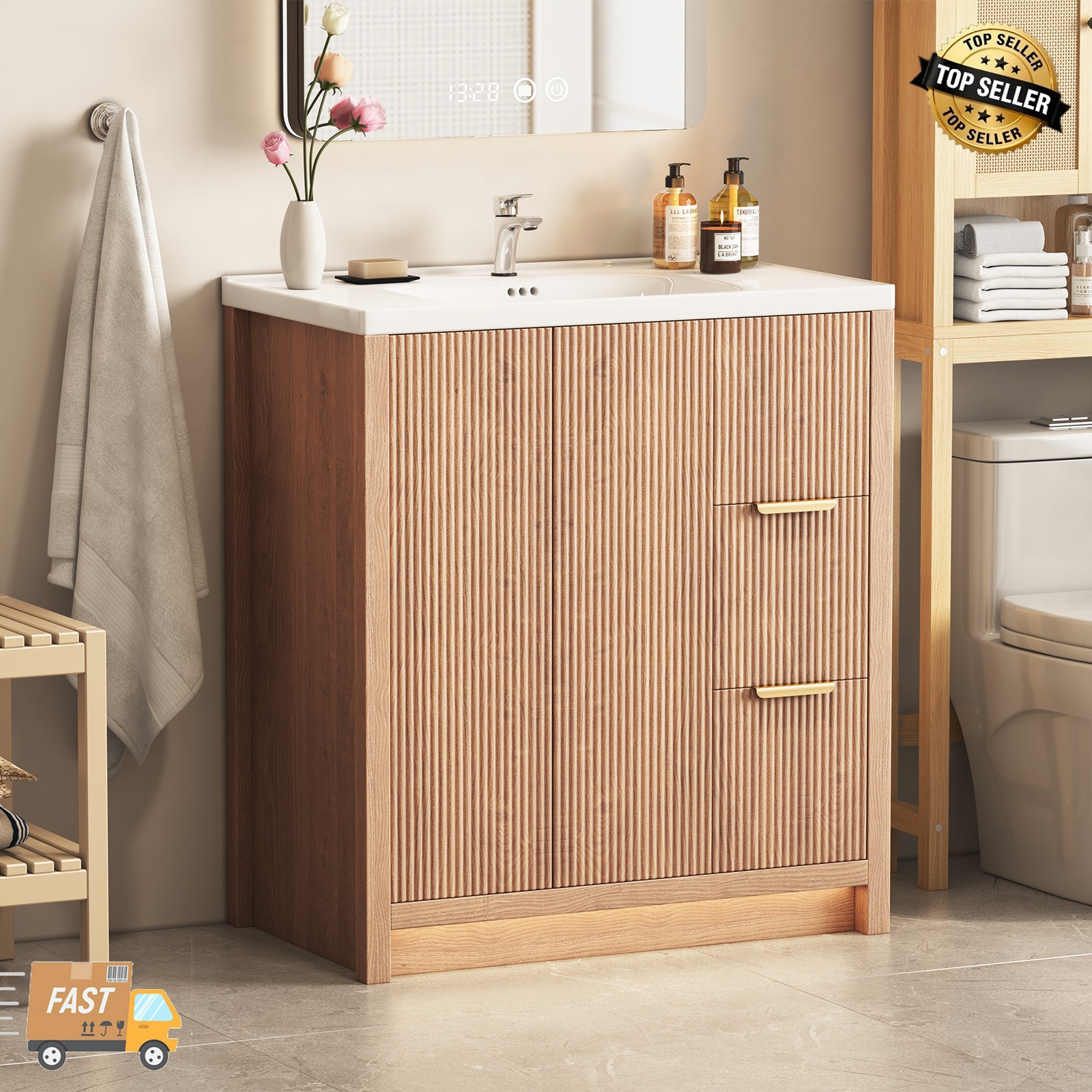 31 Inch Wooden Bathroom Vanity with Ceramic Sink Modern Bath Storage Cabinet