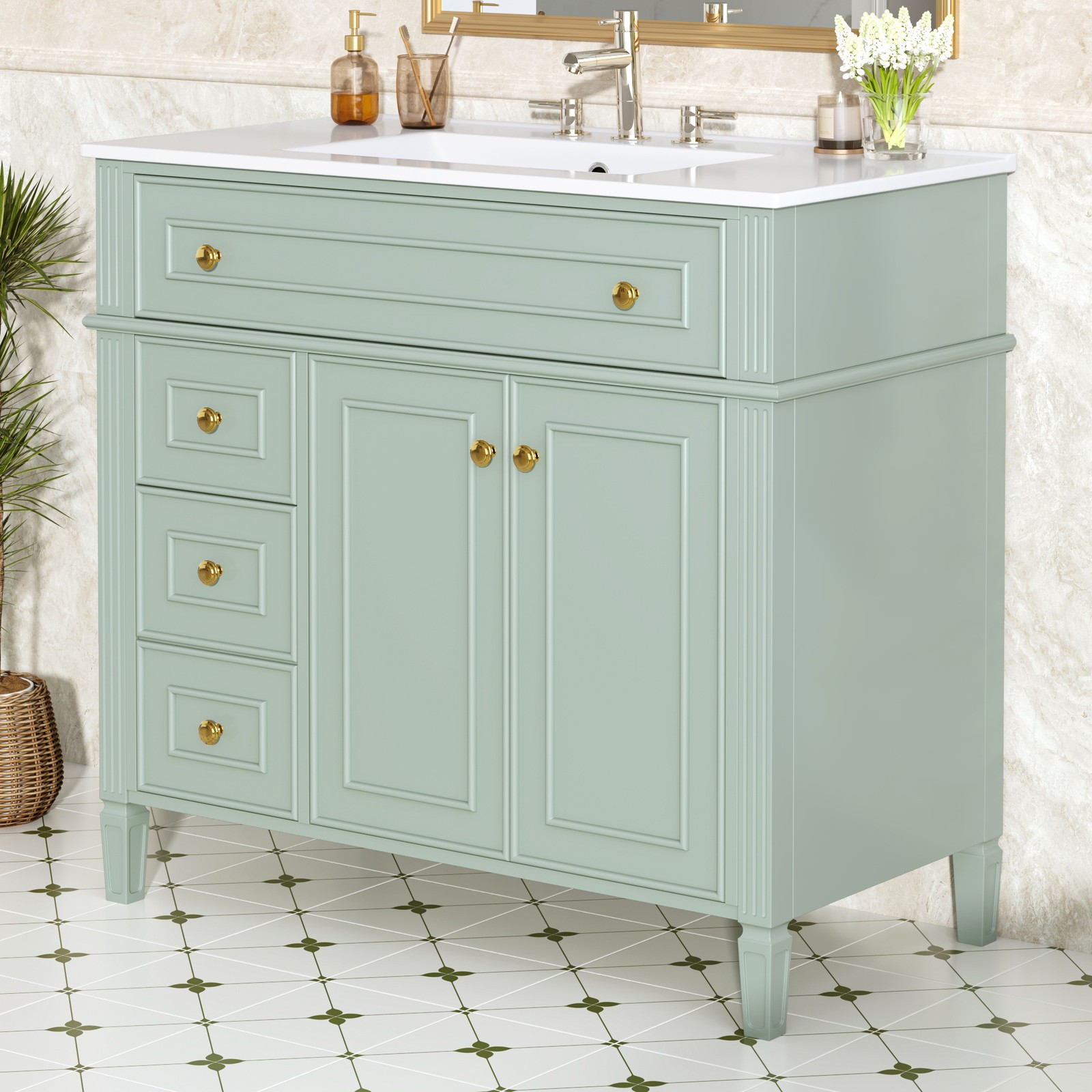 36″ Green Solid Wood Bathroom Vanity with Sink, 3 Drawers & 2 Doors