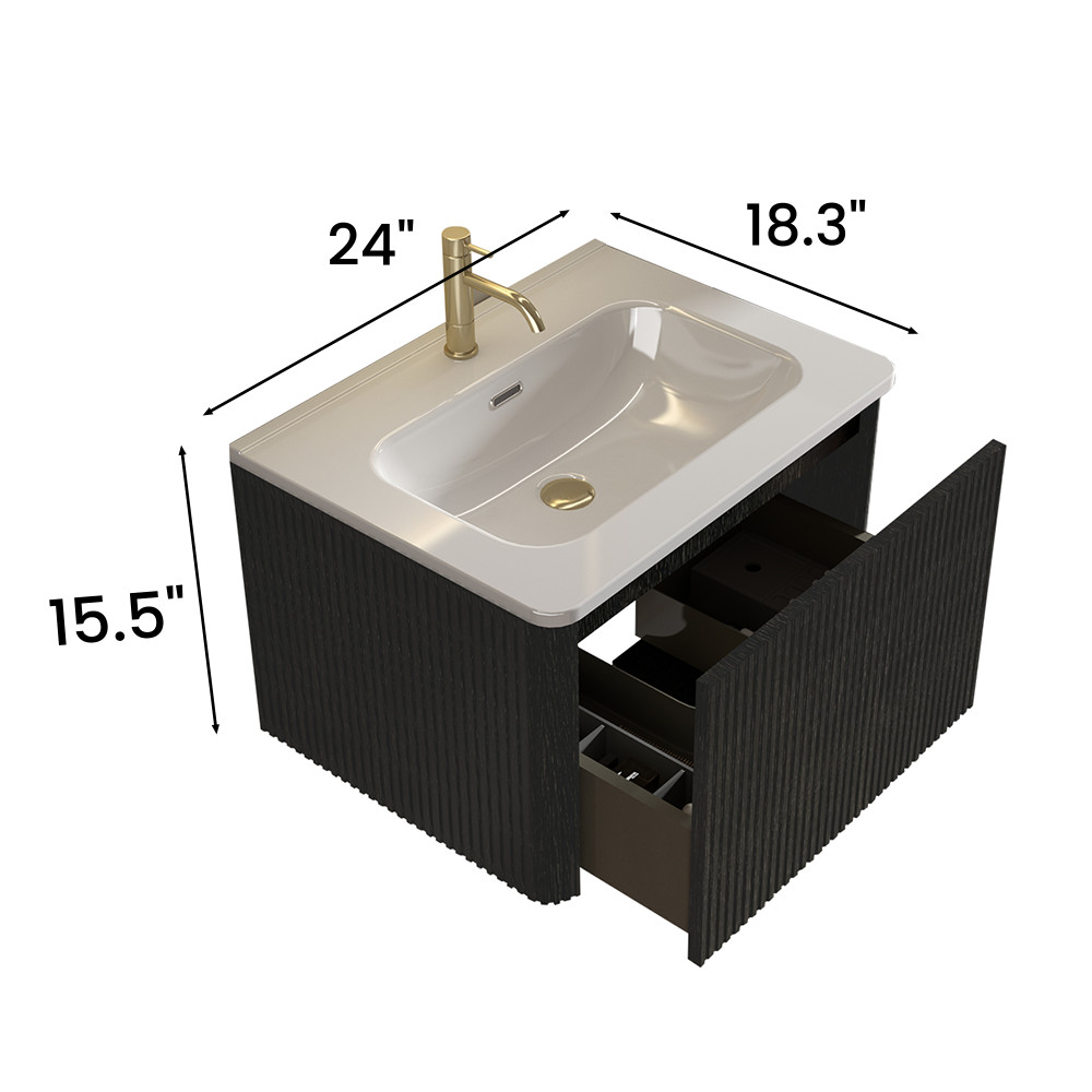 Etna 24 Inch Black Oak Floating Bathroom Vanity with White Ceramic Sink