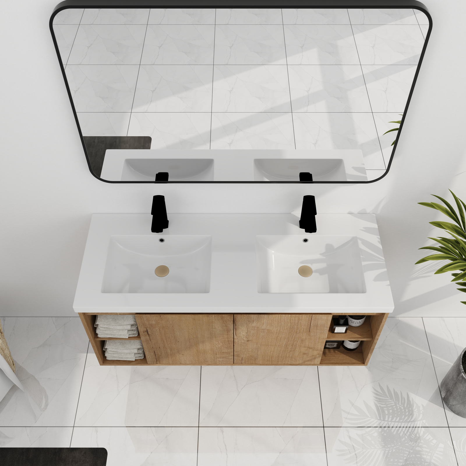 48inch Wood Wall Mounted Foating Bathroom Vanity W/ Double Sink +Shelf and Doors
