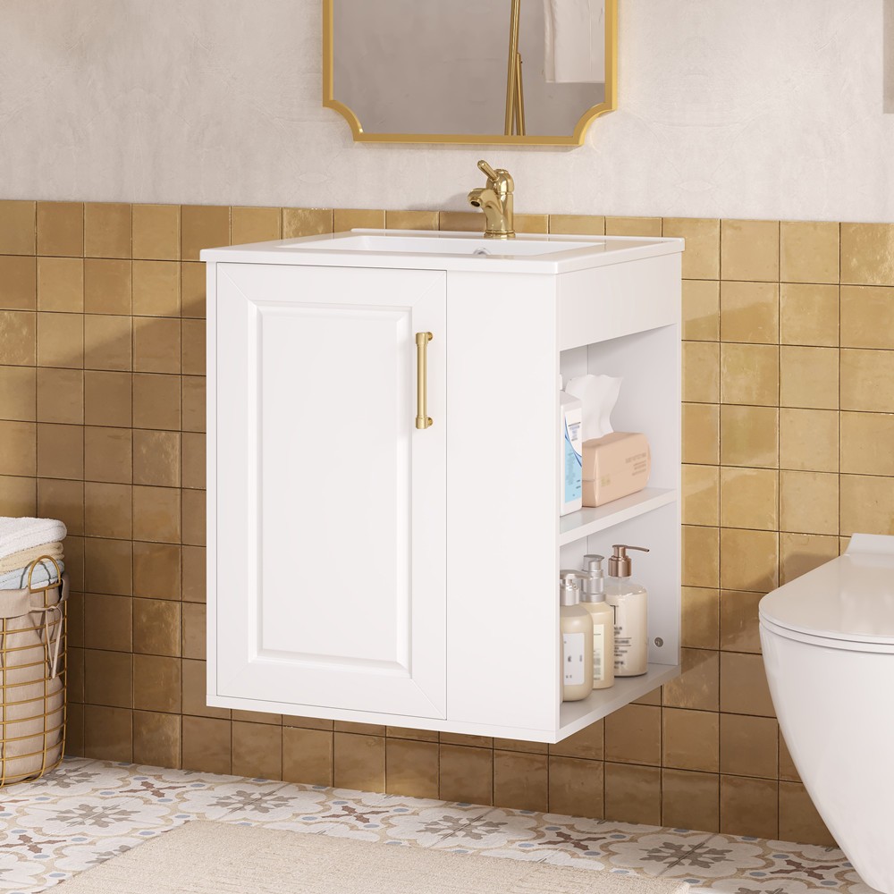 20″ Wall Mounted Bathroom Vanity w/Sink, Floating Vanity Door Cabinet, Shelves