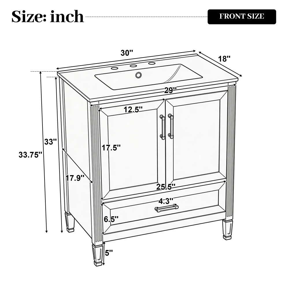 30 Inch Fluted Black Bathroom Vanity with Ceramic Sink Soft-Close Doors Drawer
