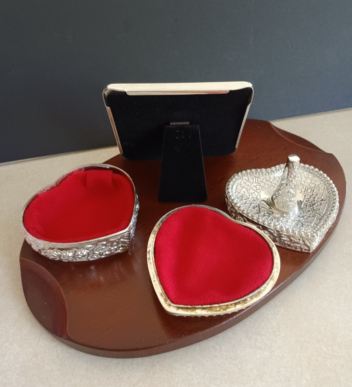 Davco Decorators Choice Silver Vanity Set Jewelry Box Frame Ring Holder Box
