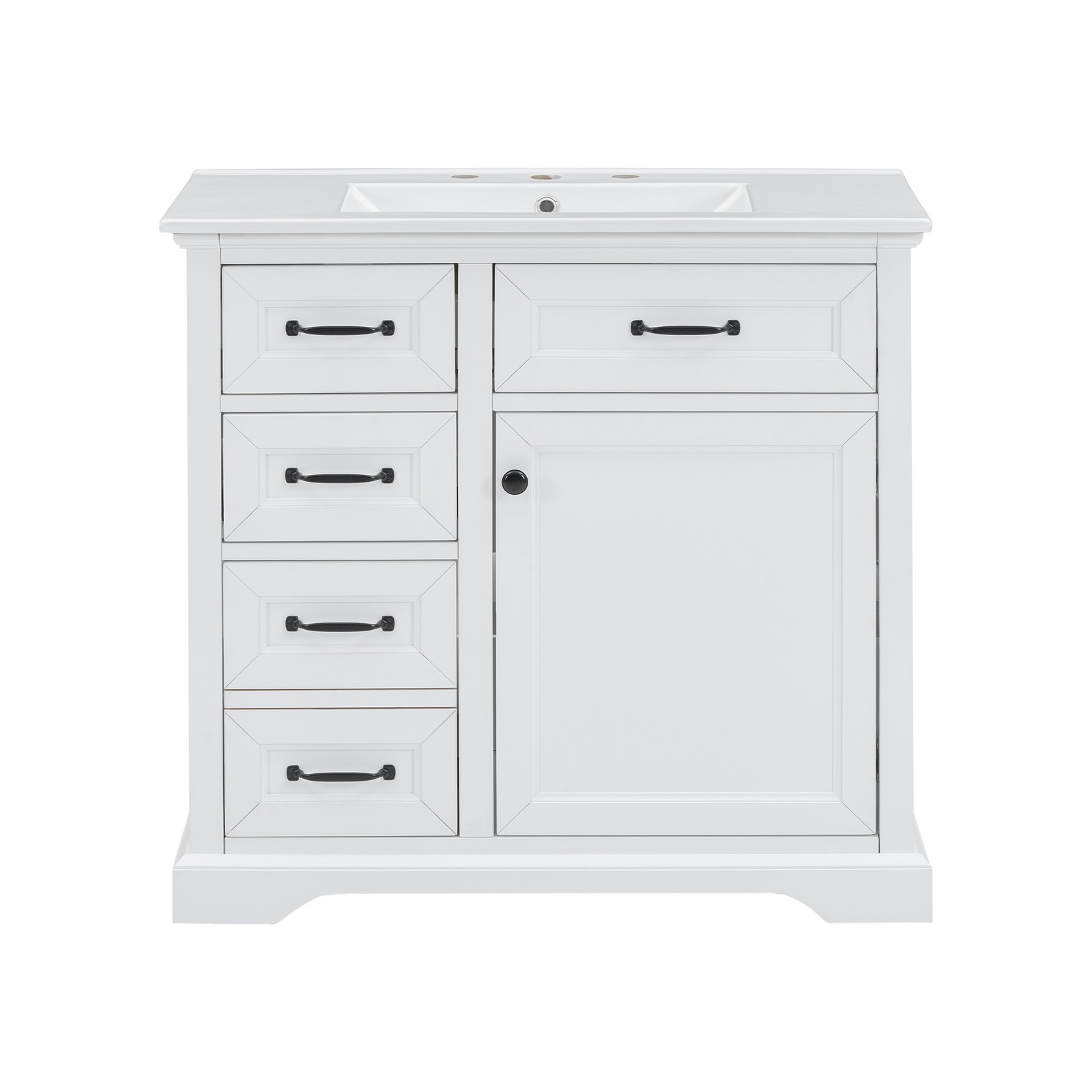 36″ Bathroom Vanity with Ceramic Sink Top, 4 Drawers & 1 Soft-Close Door