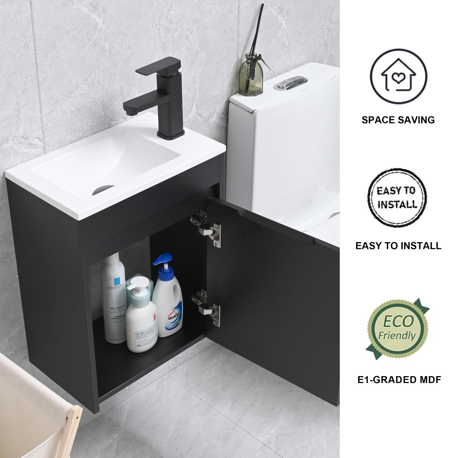 16″ Wall Mounted Bathroom Vanity Sink Combo, Small Space Cabinet Set, Black Fauc