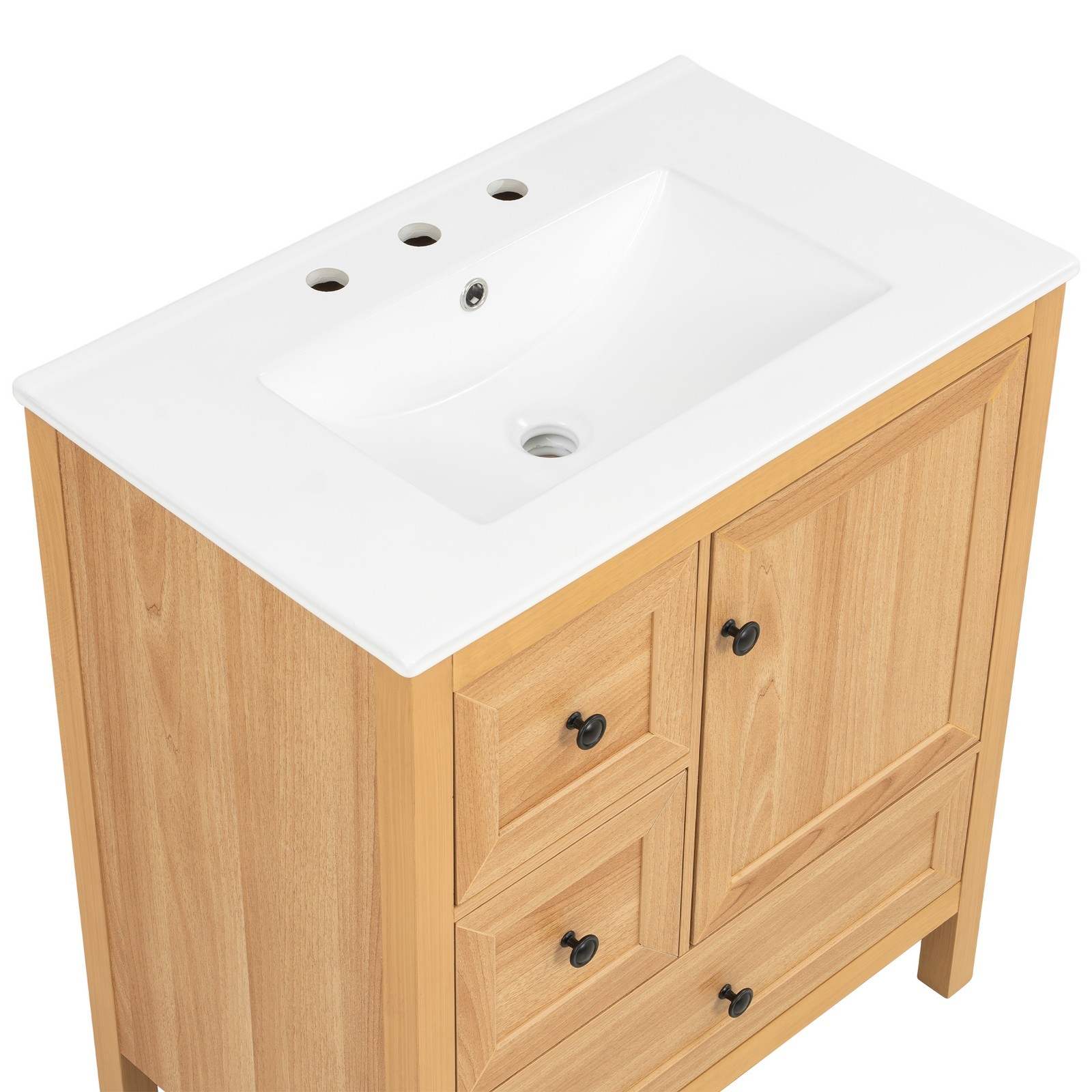30″ Bathroom Vanity with Ceramic Sink Wood Grain Cabinet with Soft-Close Drawer