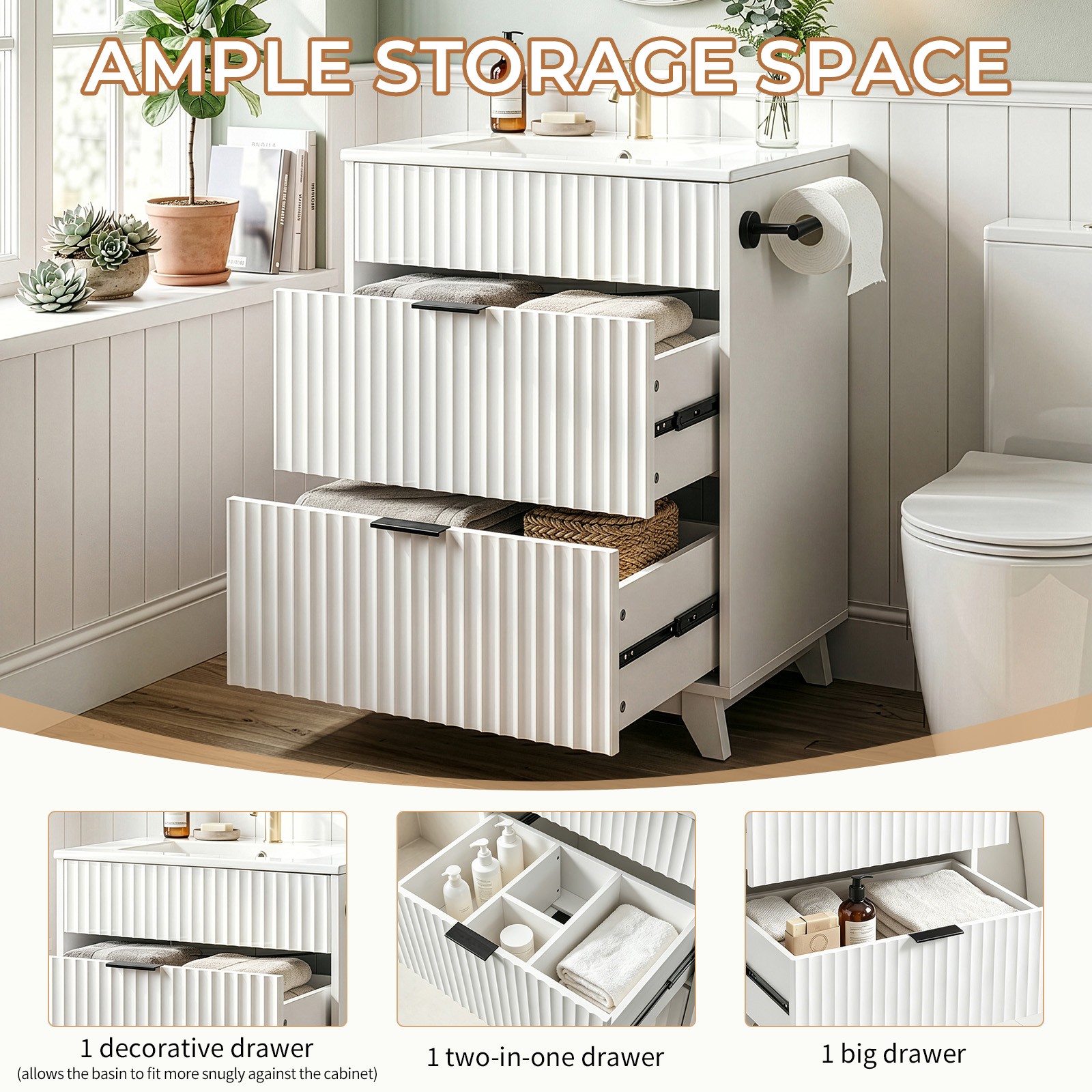 24″ Bathroom Vanity with Ceramic Sink Overflow Freestanding Cabinet Guest Baths