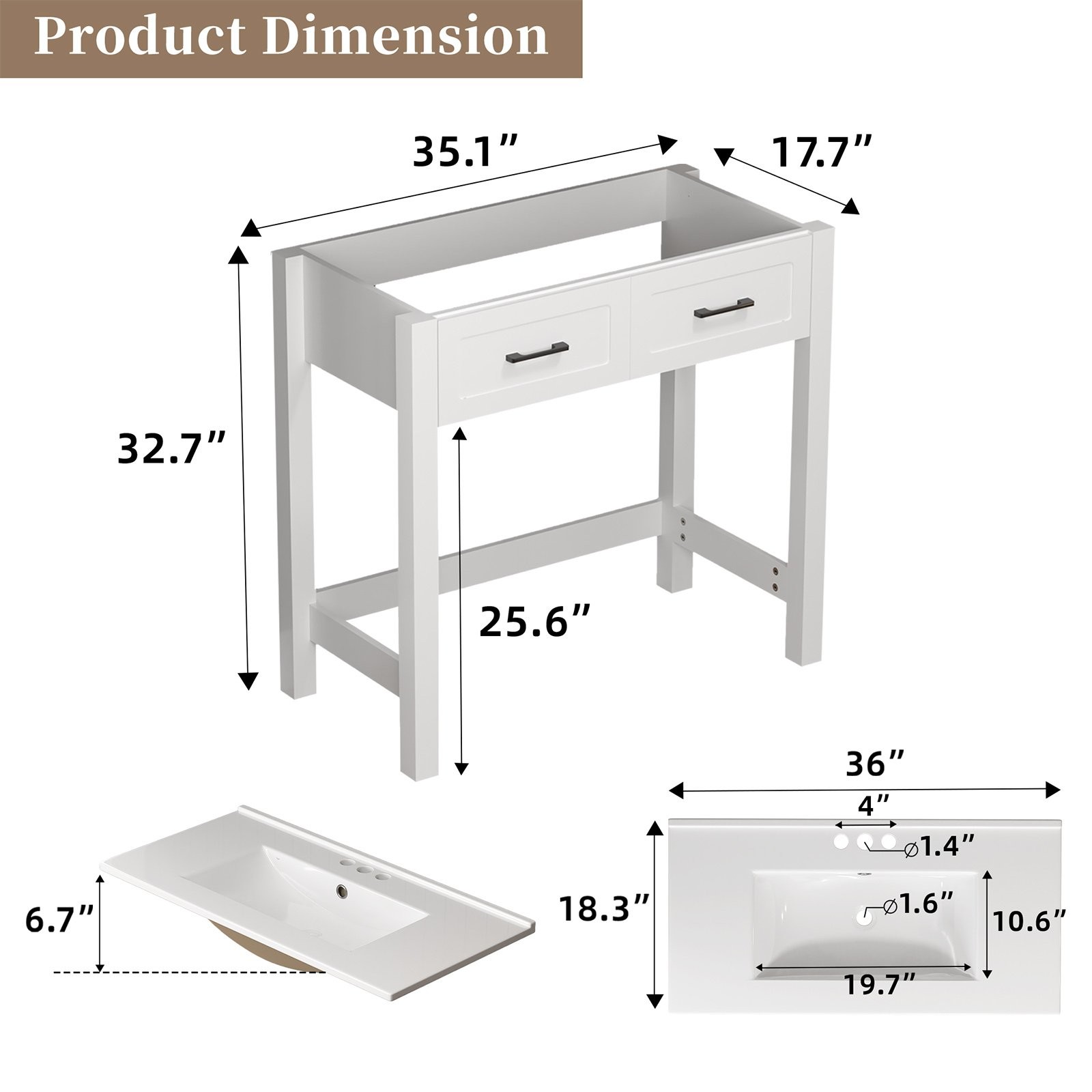 36″ ADA Compliant Bathroom Vanity w/ a Tip-out Drawer & Ceramic Sink for Elderly