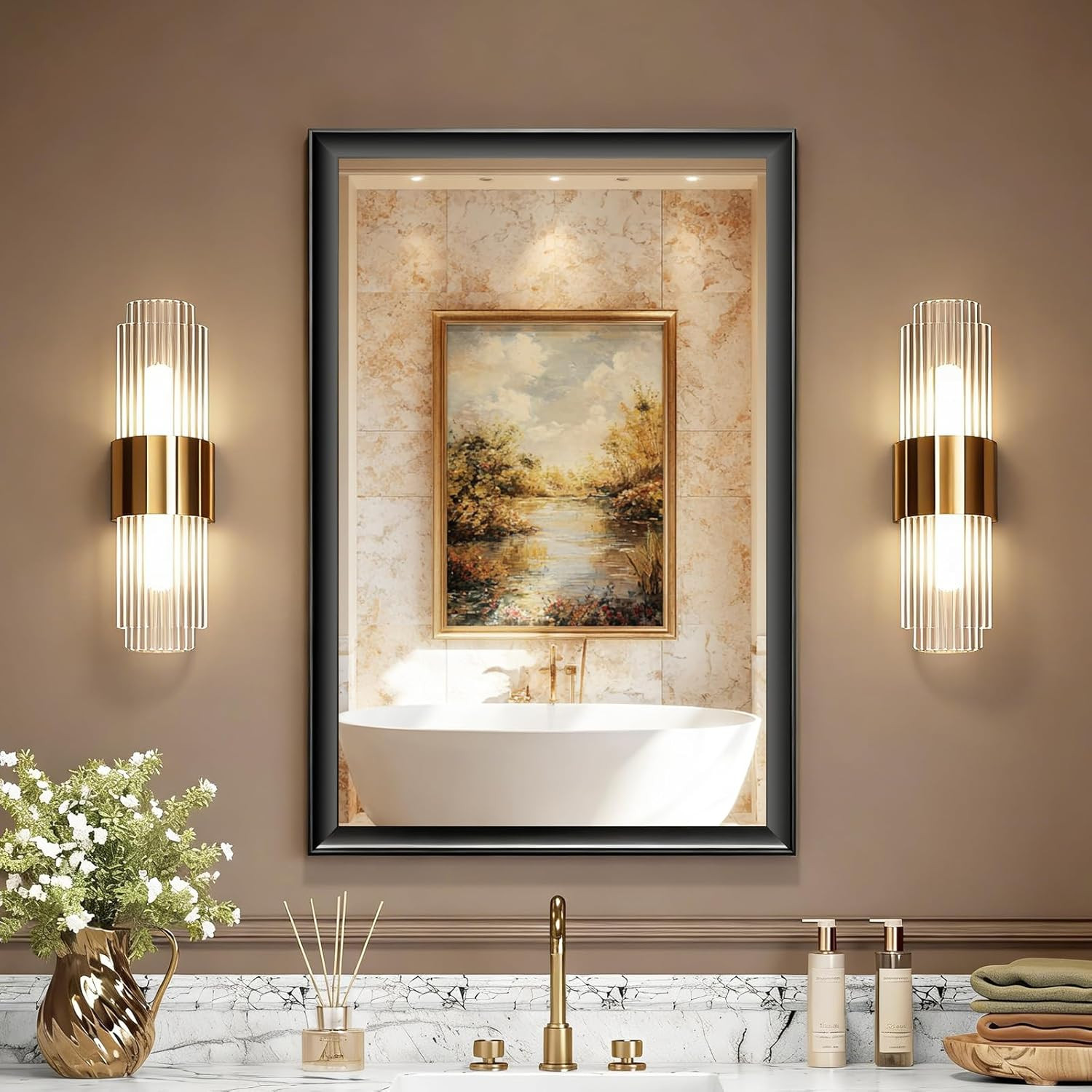 Modern 24×36 Black Metal Framed Bathroom Mirror, HD Tempered Glass, Anti-Rust