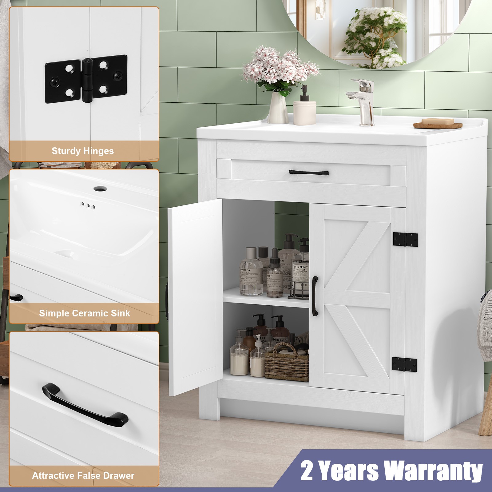 31 Inch Bathroom Vanity Cabinet Ceramic Sink Double Doors Storage Cabinet