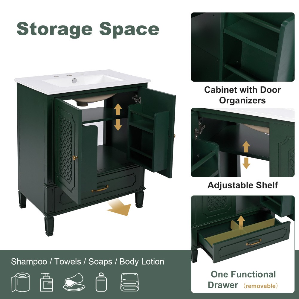 30″ Bathroom Vanity with Sink Vintage Style, Multi-functional Storage Space